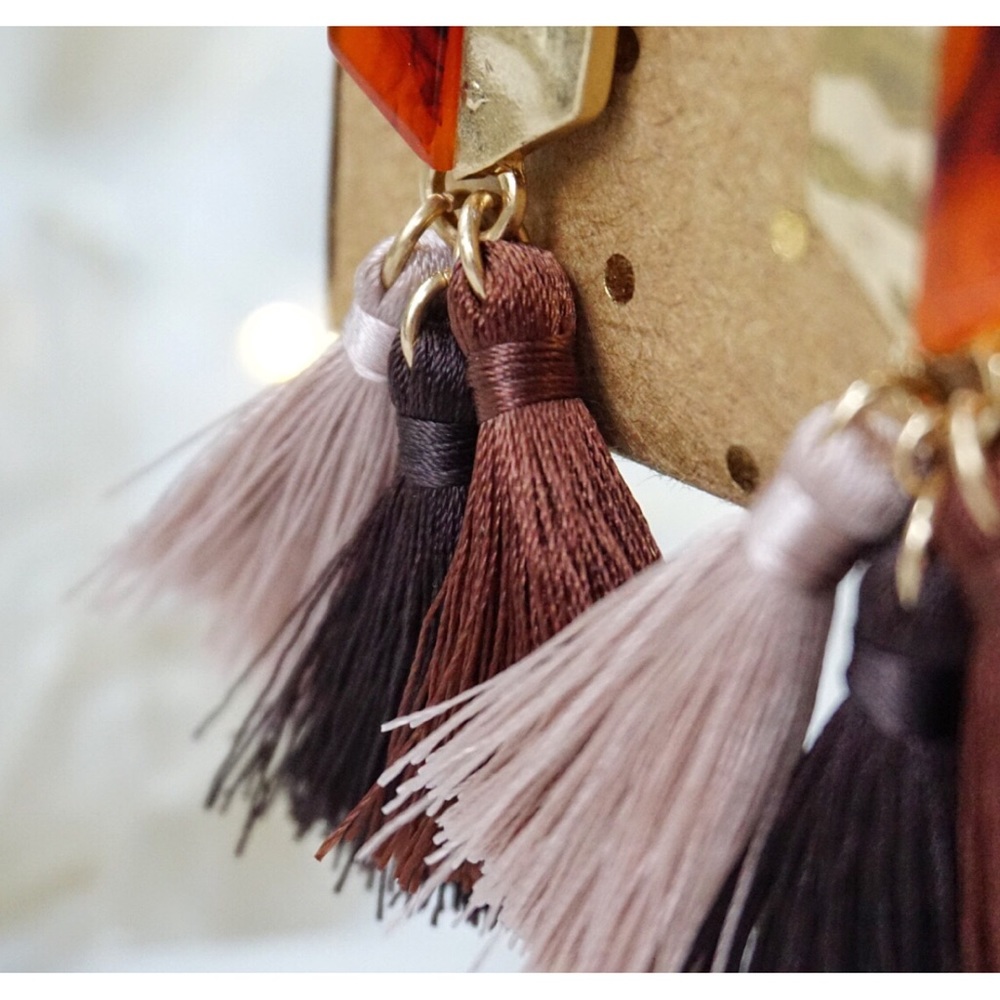 Gold Plated Acrylic Stud Tassel Earring Brown Pink - Picture 4 of 8